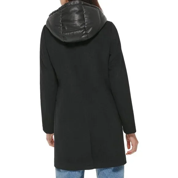 NWT DKNY Black Wool Faux Leather Hooded Bibbed Mixed-Media Blazer Coat XL - Picture 2 of 8